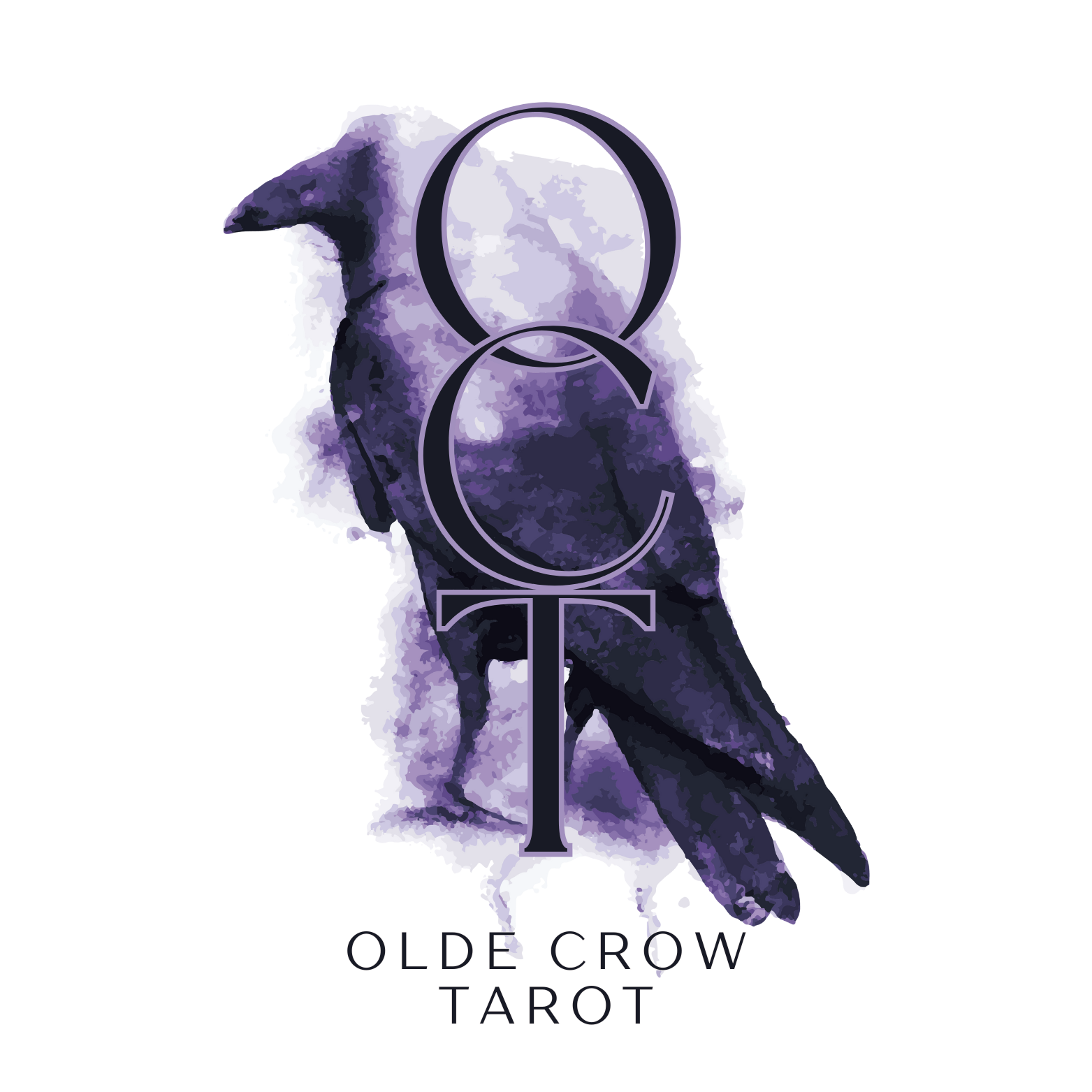 Watercolor-style crow in blacks and purple with the letters O C T stacked vertically over the crow with the title Olde Crow Tarot underneath